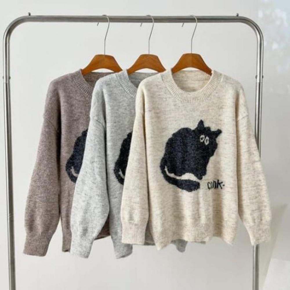 Navava Women Lovely Cat Round Neck Long Sleeve Knit Sweater Nk2480