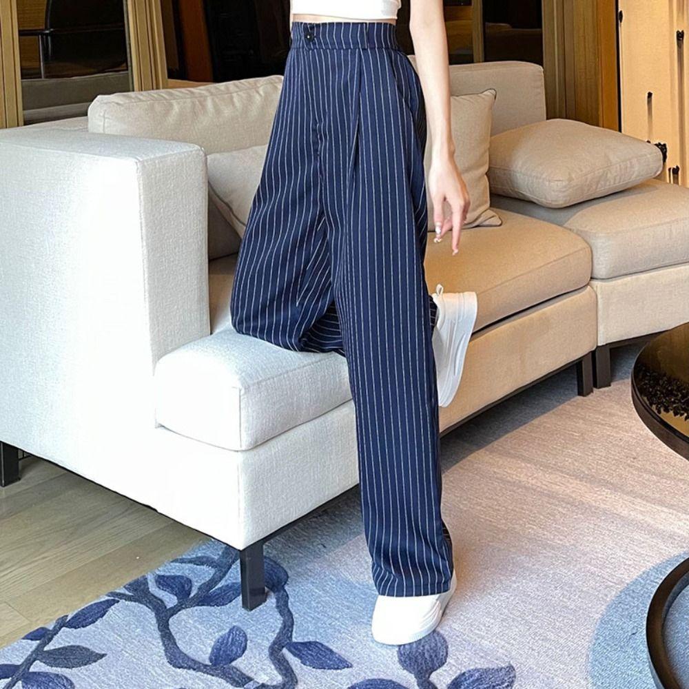 Workout Trousers Casual Pants Women High Waist Wide Leg Pants Breathable Striped Suit Pants Female