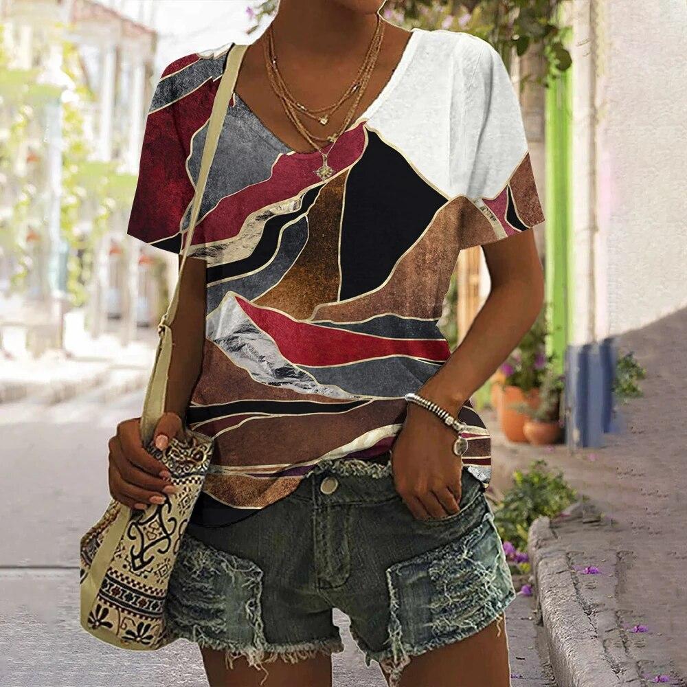 Полосатая футболка для женщин, новая простая одежда, повседневная футболка с v-образным вырезом и короткими рукавами, женская футболка в стиле Харадзюку в стиле ретро с принтом, летняя