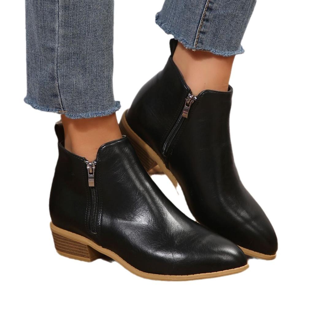 Осень и зима новые европейские и американские короткие модные ботинки на толстом каблуке с острым носком женские модные ботинки для взрослых большого размера импортные товары на низком каблуке женские