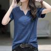 Korean Style Loose Casual Button Decor Tops Summer Solid V-Neck Short Sleeve Women's T-Shirt