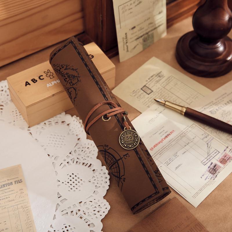 1 шт. Креативная карта сокровищ Ретро ПУ кожа Большая вместимость Пенал Милая и простая Канцелярская коробка Пенал