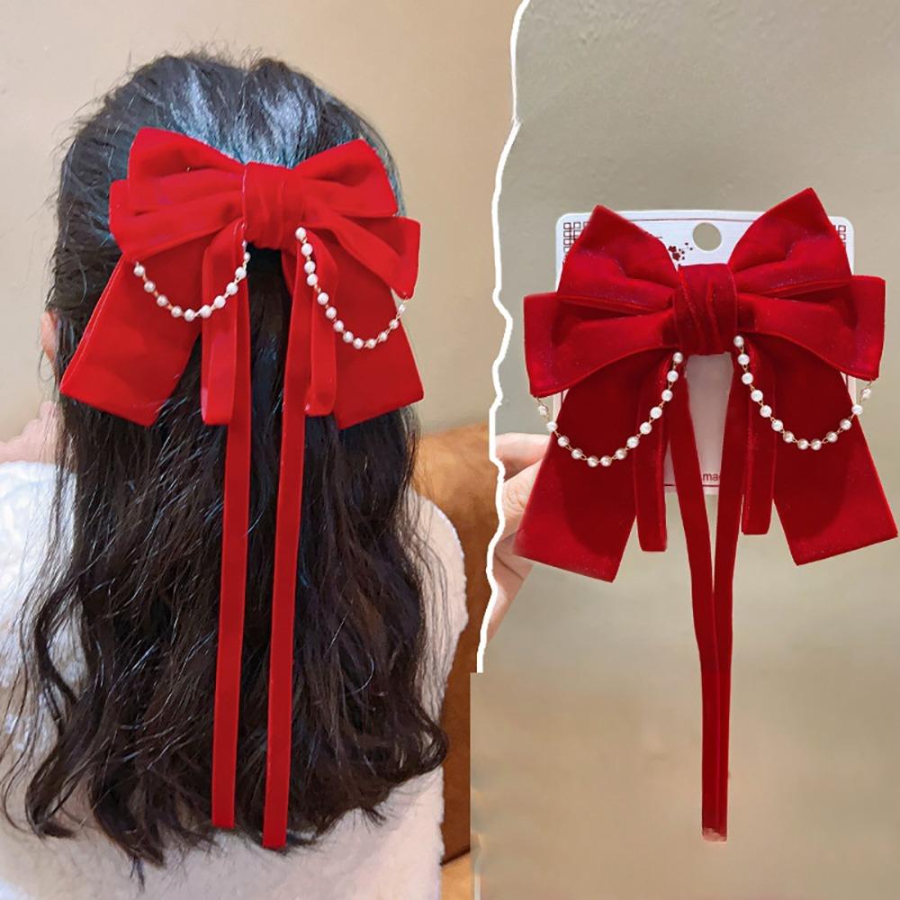 Headwear Red Bow Hair Clips Jewelry Tassels Pearl Barrettes Ribbon Hairpin Hair Styling Accessory