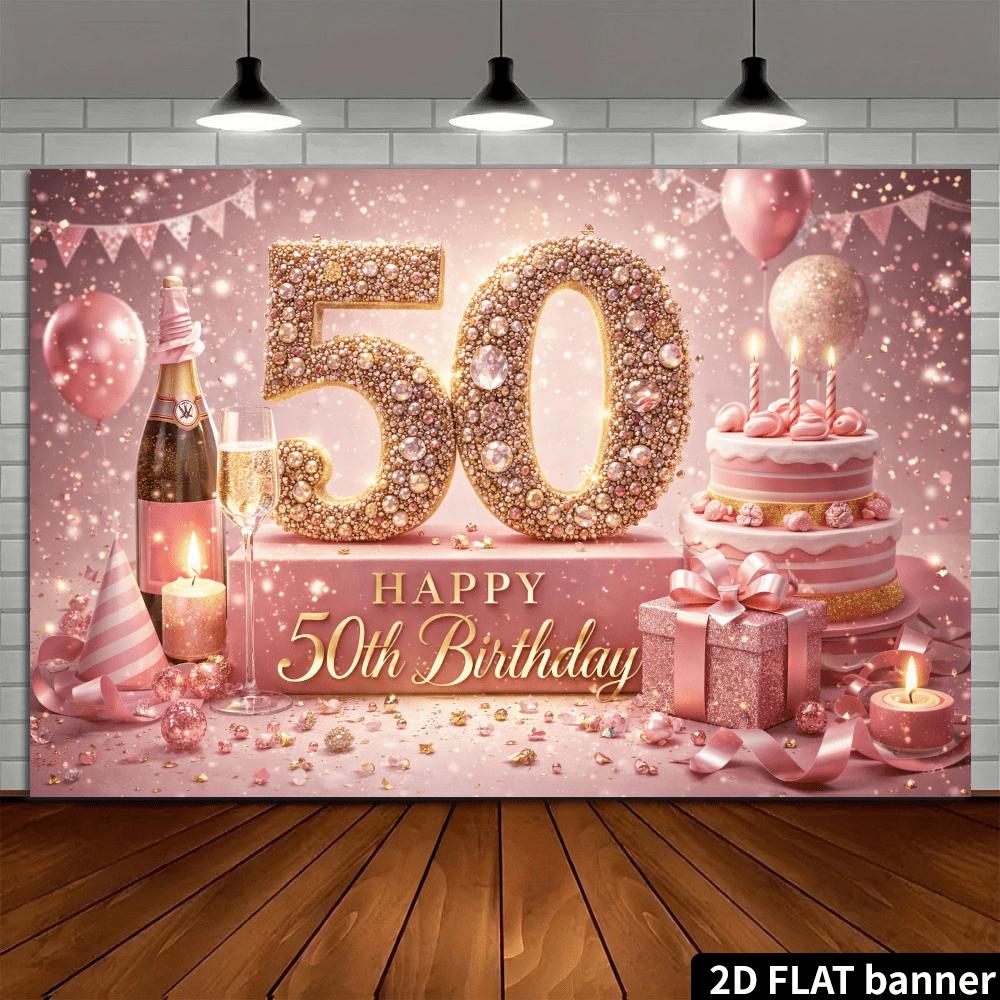 Тканевый фон для вечеринки в честь 50-летия, 2D-плоскость, золотые сверкающие бриллианты, цифры 50, тема: бутылка шампанского и полосатая вечеринка