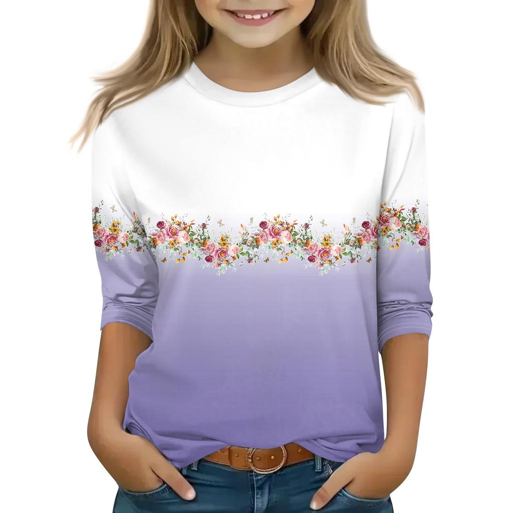 Топы с принтом для девочек 5-16 лет с круглым вырезом и рукавами 3/4 Футболки Модные топы Наряды Футболки