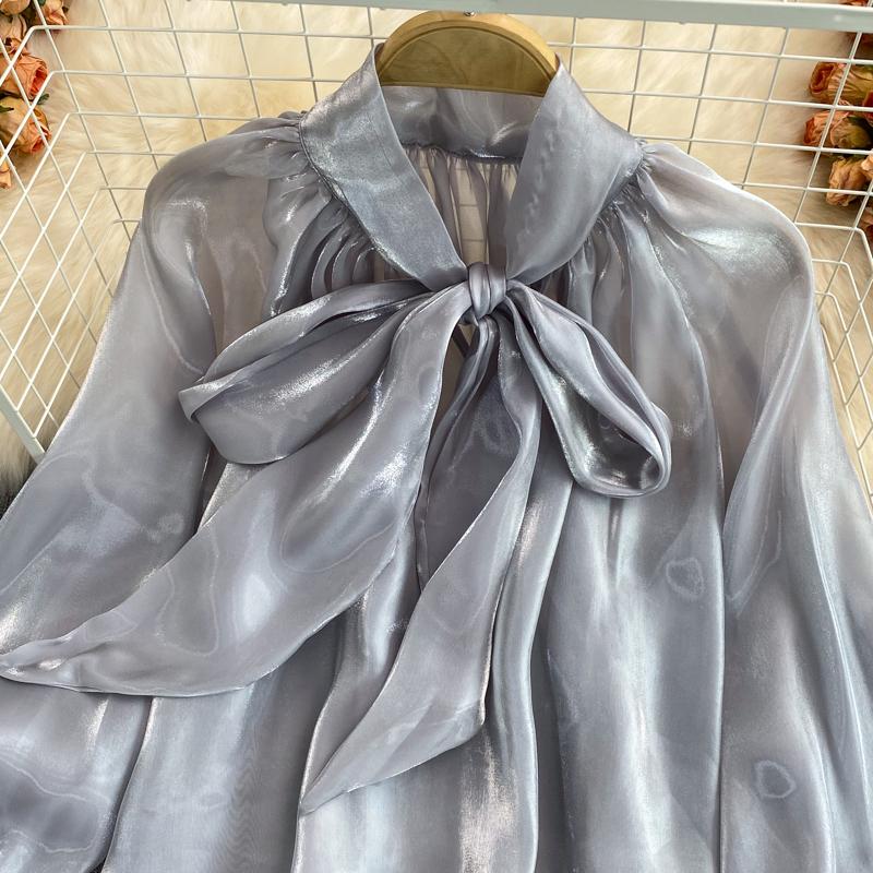 Милая женская блузка, однотонная, с галстуком-бабочкой, на шнуровке, с длинным рукавом, свободная, прямая, блузка, женская универсальная модная рубашка