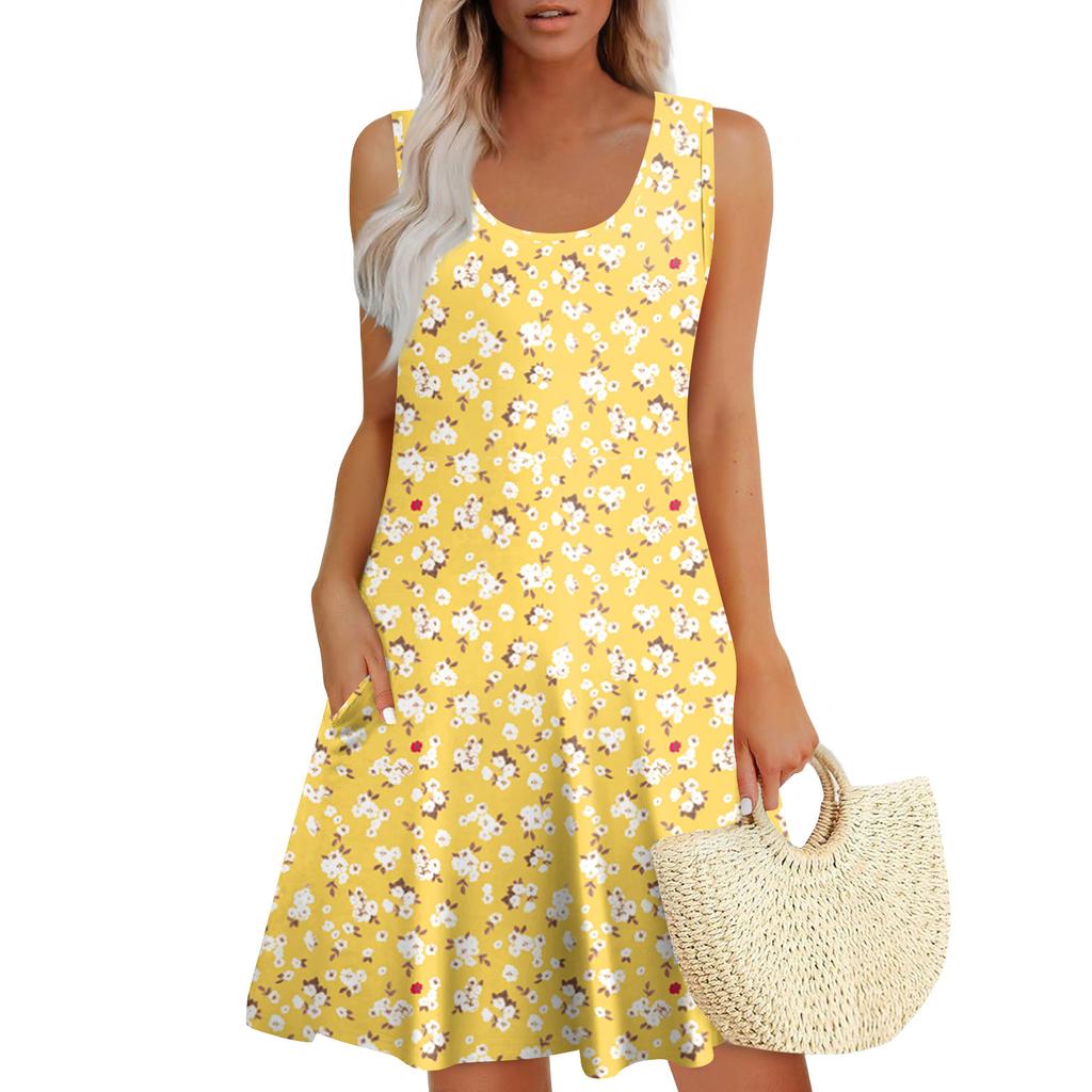 Женские летние платья, свободные сарафаны без рукавов с U-образным вырезом и карманами