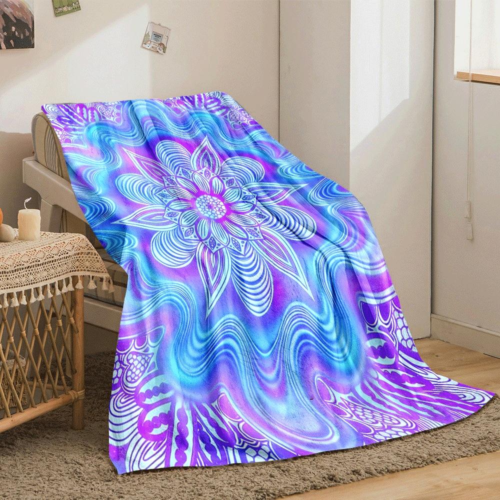 Wavy blue-purple gradients surround a mandala with floral and striped patterns. for all seasons blanket lunch break throw gift