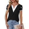 Ladies Summer Split Short Sleeve V Neck Color Block Casual Pullover Blouse Shirt Top