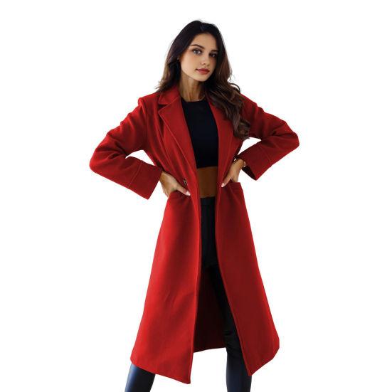 Women's Midi Long Wool Blend Coat Classic Notch Lapel Single Breasted Pea Trench Coat Fall Winter Overcoat