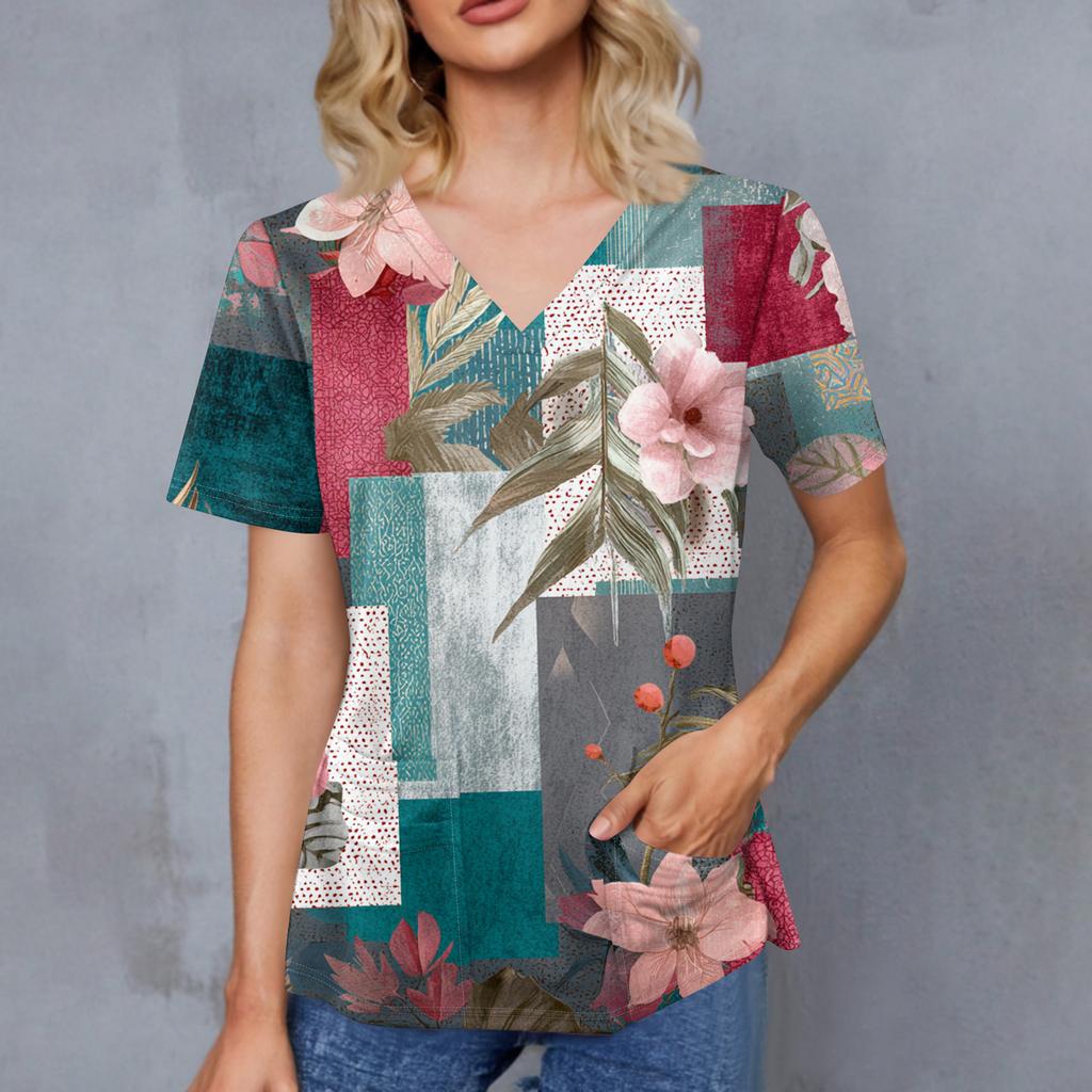 Women's Retro Printed V-Neck Double Pocket Short Sleeves Hem Slit Uniform Caregiver Top