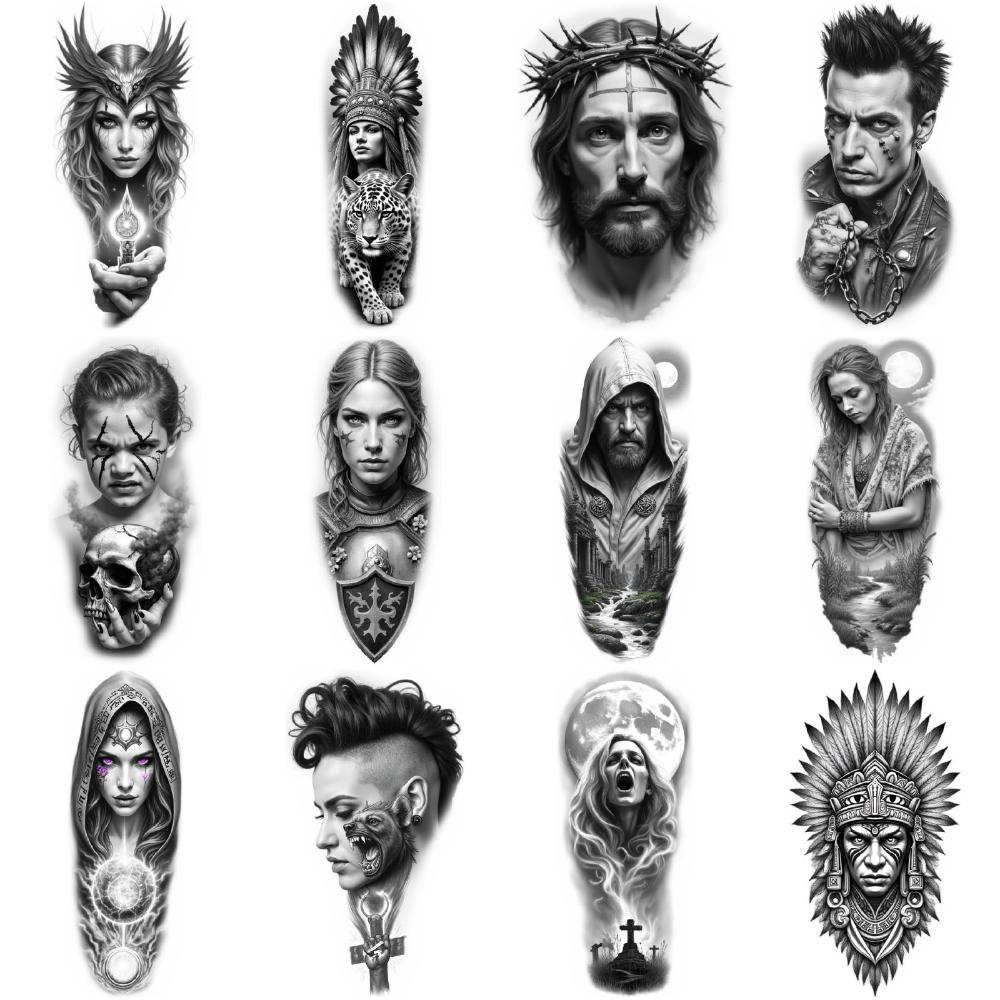 12 шт. Временные татуировки Реалистичные временные татуировки Фэнтезийные элементы Религиозные символы Черепа Для мужчин Женщин Бедра