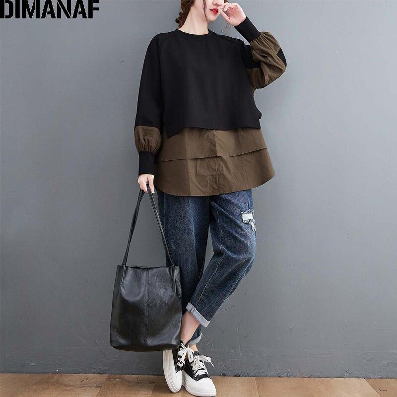Dimanaf Autumn Lady Casual Shirt Women Clothing Oversize Tops Tees Tunic Loose Casual Long Sleeve Cotton Blouse Black T-Shirt
