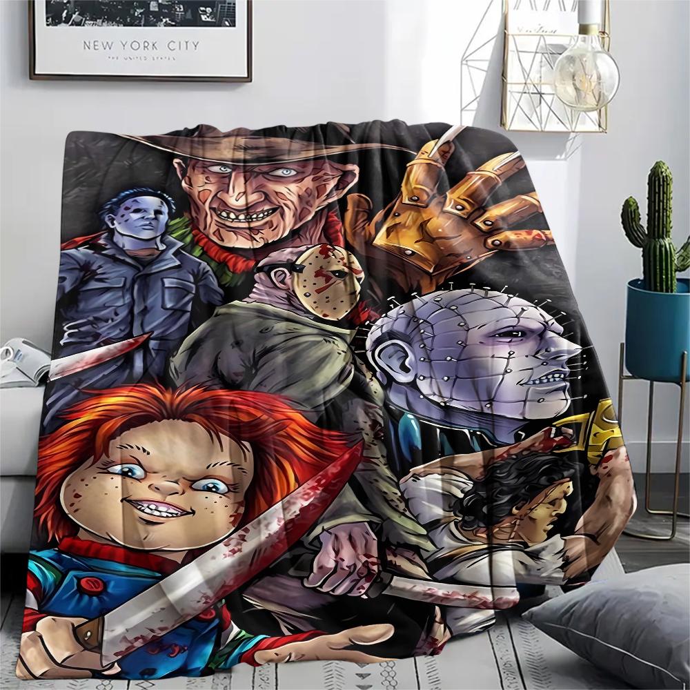 1Pc Horror Movie Print Flannel Blanket, High quality Comfortable for All Seasons, Home Decor, Warmth and Comfort, Perfect for Christmas Gifts
