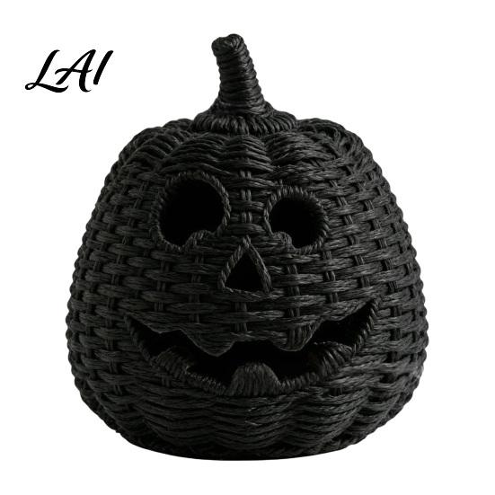Dark Retro Party Ornaments Faux Rattan Halloween Pumpkin Figurine Black Resin Statue with Witch Fall Holiday Window Display Hat Rustic Wicker