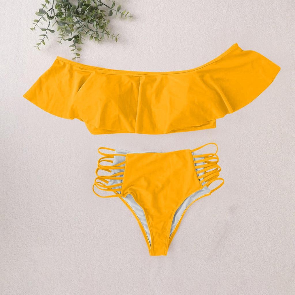 Женский модный однотонный раздельный купальник с открытыми плечами и оборками, комплект из 2 частей, пляжный купальник-бикини