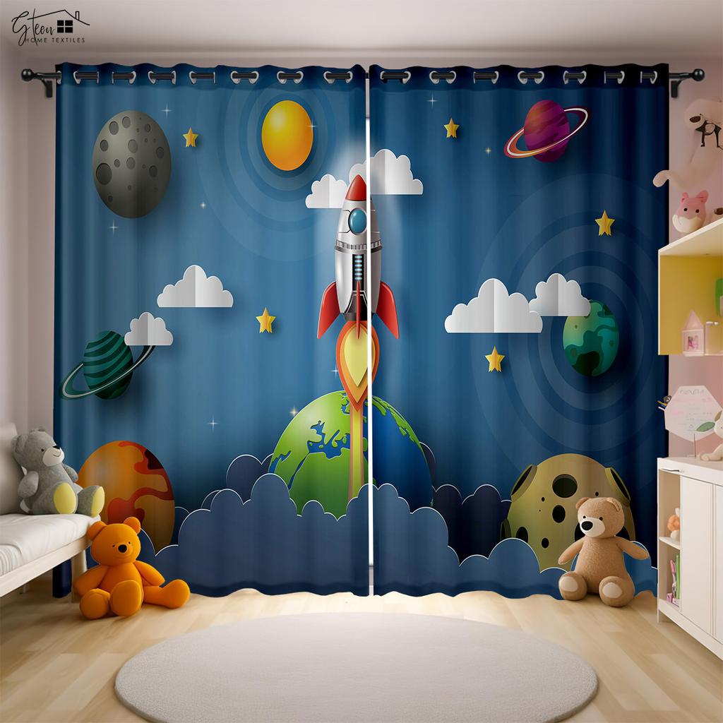 Аэрокосмический мультфильм 3D Печатные шторы Астронавт Космонавт Космический корабль Ракета Запуск Спальня Кабинет Детская комната Шторы 2 ШТ