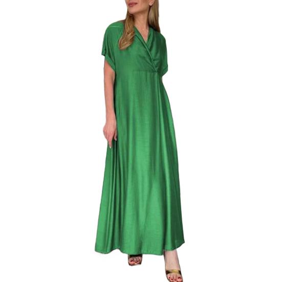 Весеннее женское платье с V-образным вырезом и коротким рукавом, свободное, трапециевидное, чистого цвета, длиной до щиколотки