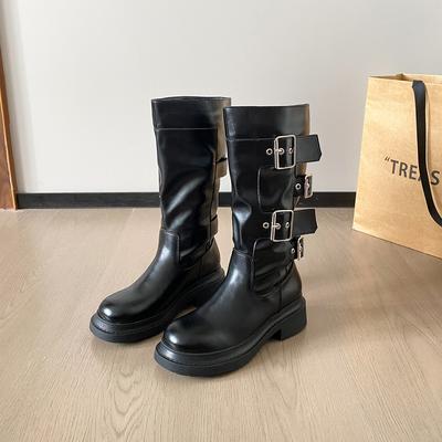 Версия из коровьей кожи~ Полусапоги из натуральной кожи на толстой подошве женские осенние на толстом каблуке рыцарские сапоги с пряжкой-ремнем ботинки Мартин облегающие мотоциклетные сапоги