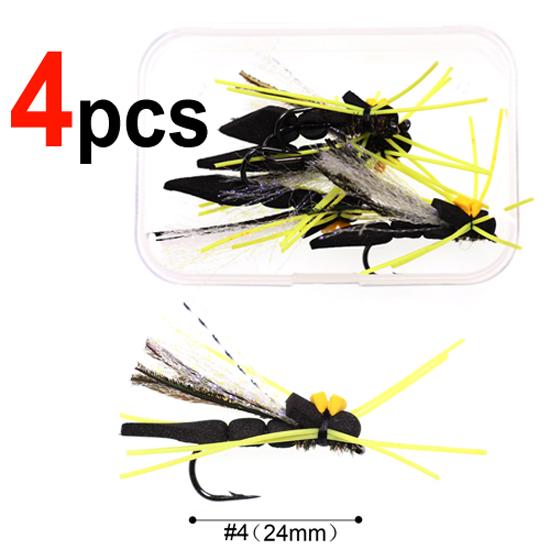 Bimoo 4PCS #10 Yellow Hopper Madam & #4 Black Hopper Fly Fishing Dry Flies Floating Foam Fishing Lures for Trout Bass Pearch