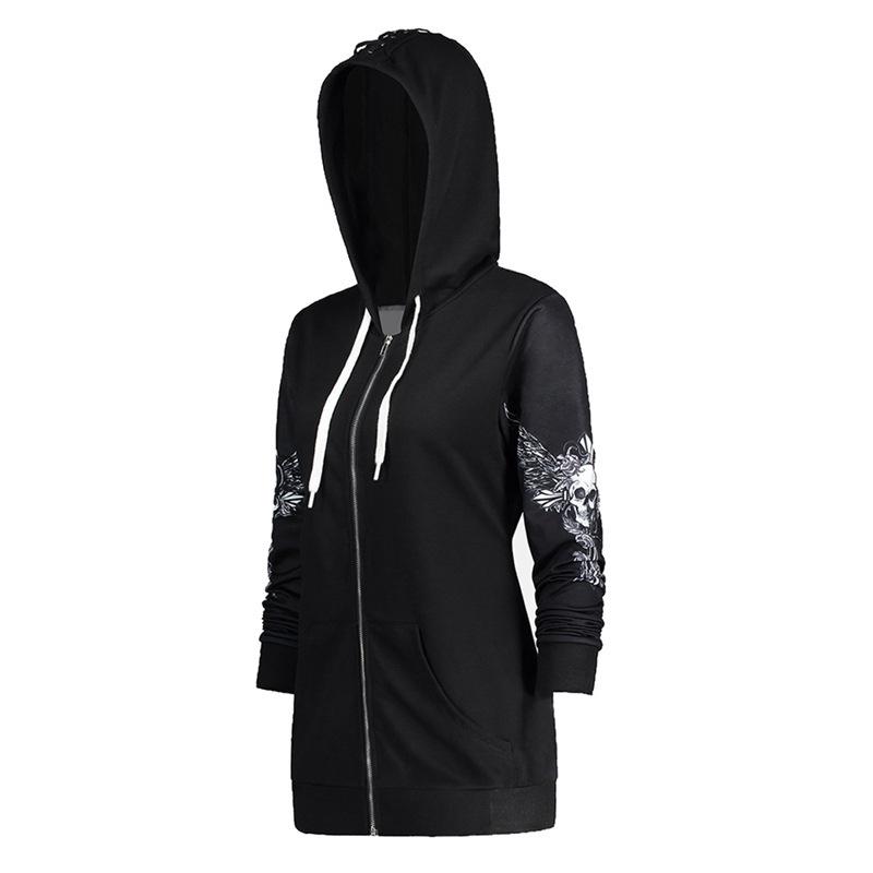 Women's Fashion Hoodie Laced Jacket with Skull Print In Gothic Punk Style with Long Sleeves On Lightning Hoodie