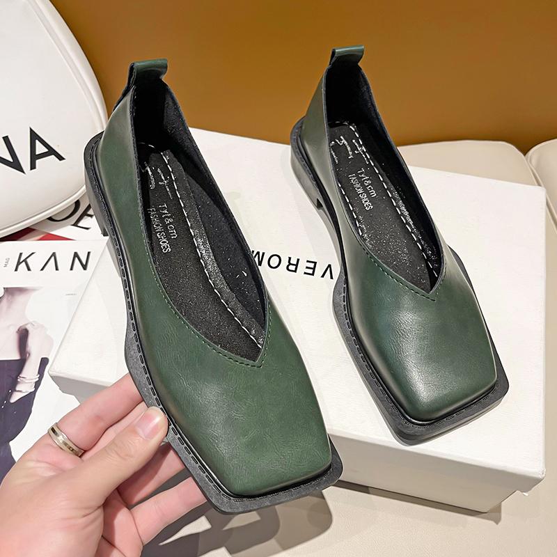 Новый стиль Роскошные балетки Женские туфли с квадратным носком Одинарные туфли Простой темперамент Кожаные туфли Весенние туфли на круглом каблуке Zapatos Mujer