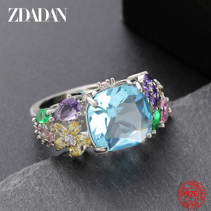 925 Sterling Silver Square Gemstone Ring for Women Fashion Glamour Gift Wedding Jewelry