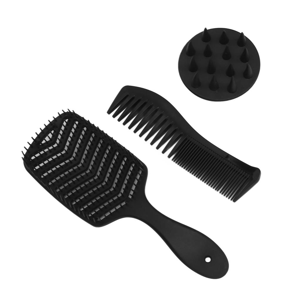 3pcs Hair Comb Set Easy Detangling Hollow Out Comb Wide Teeth Comb Hair Washing Brush Black