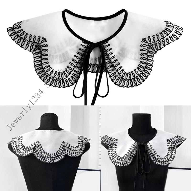 Laceup Tied Decorative Collar with Embroidery Trim Removeable Collar Clothing Accessory for Women Daily and Formal Wear