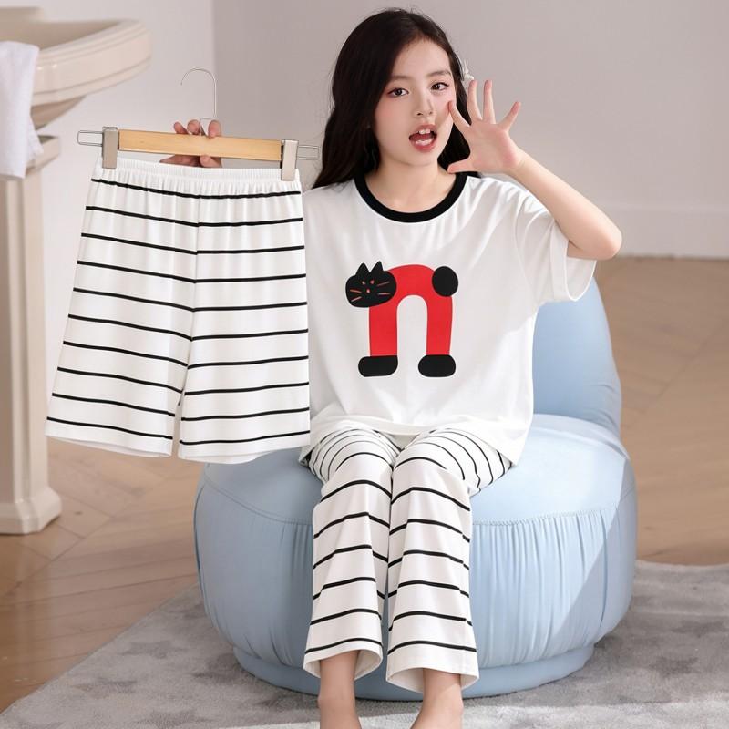 Girls Pajama Set Short Sleeve Modal 3-Piece Cartoon Sleepwear Kids 8 Years