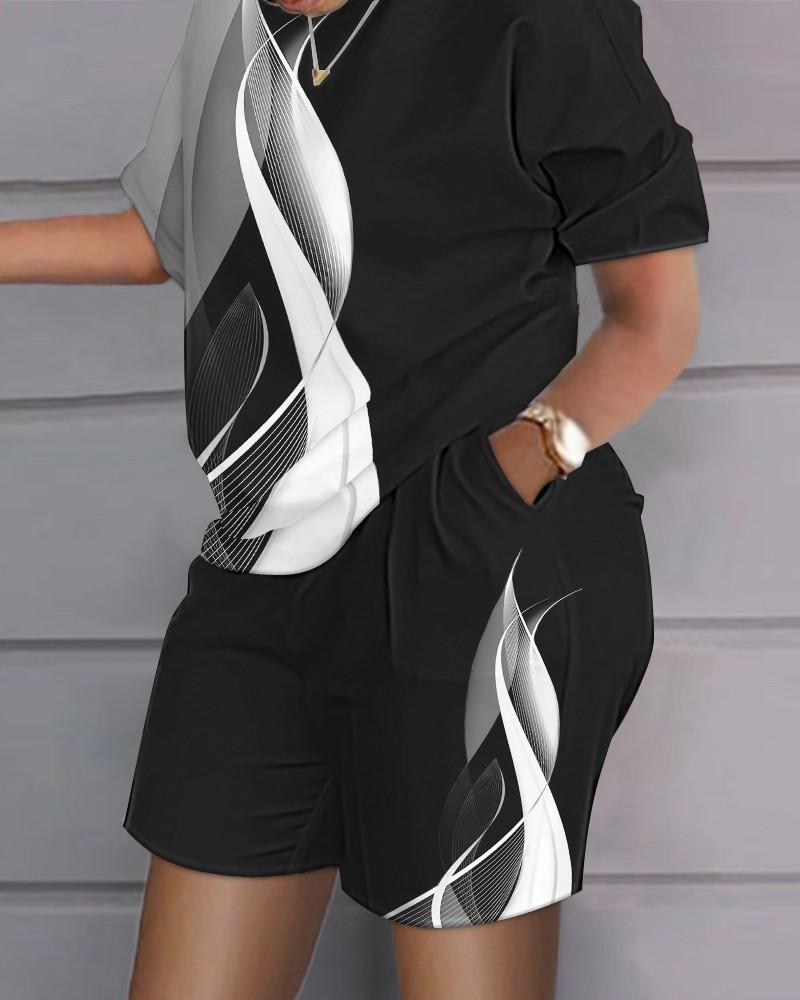 Женские комплекты из двух предметов с шортами и принтом, футболки с круглым вырезом и короткими рукавами, брюки с эластичной резинкой на талии, топы, летние костюмы