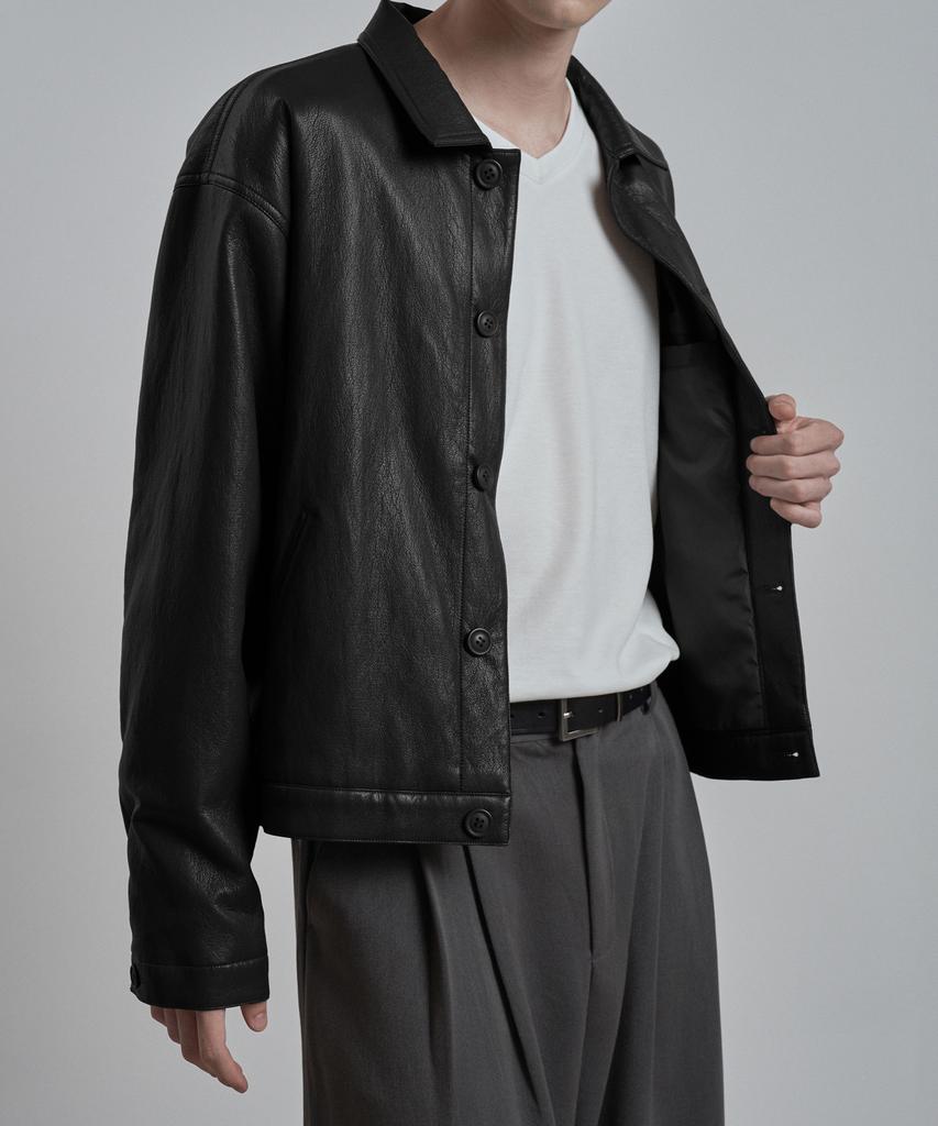 WORK ON BODY OFF Epure Regular Fit Button Leather Jacket [Black]