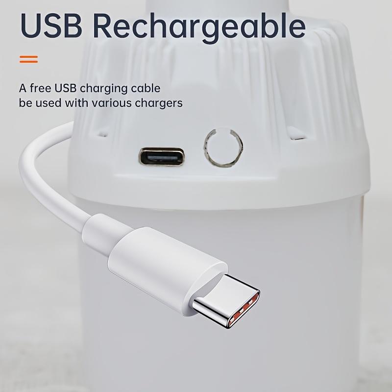 Portable rechargeable LED camping light, USB rechargeable emergency flashlight, adjustable brightness.