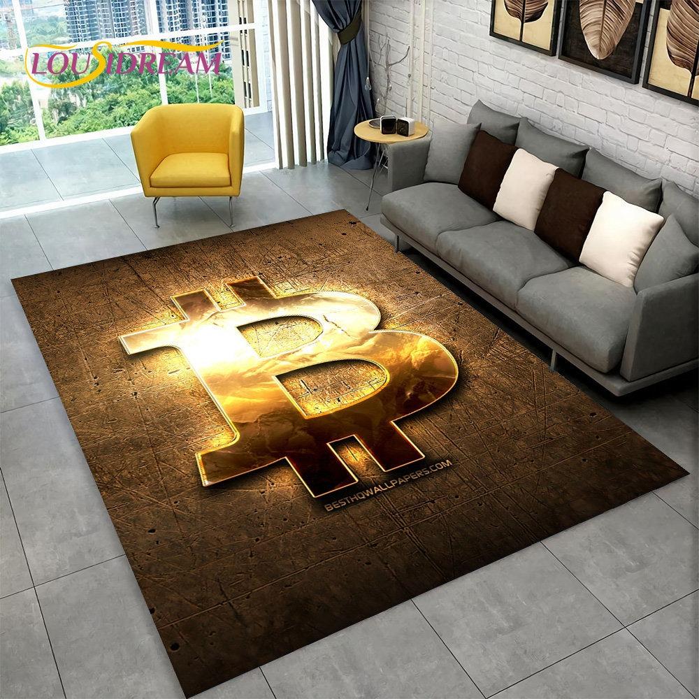3D Bitcoin Virtual Currency Area Rug Large Carpet Rug for Living Room Bedroom Sofa Playroom Doormat Decor Kid Non-slip Floor Mat