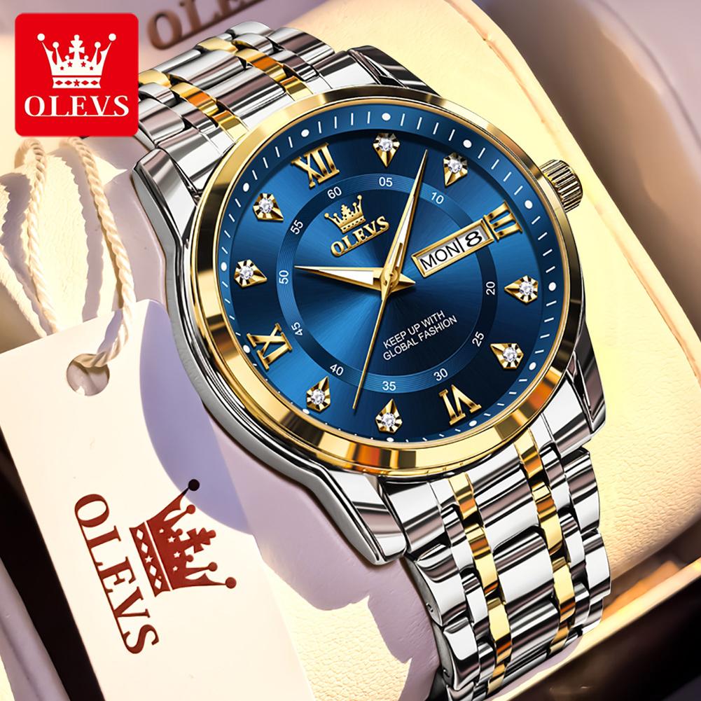 OLEVS 5513 Men's Quartz Watches Stainless Steel Strap Diamond Scale Dual Calendar Waterproof Luminous Men's Business Wristwatch