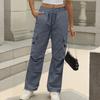 Women's Fashion Solid Color High Waist Drawstring Loose Multi Pocket Strap Casual Pants