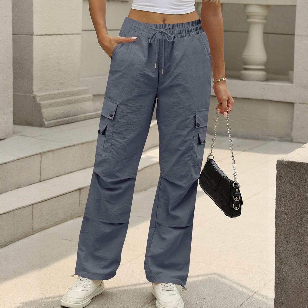Women's Fashion Solid Color High Waist Drawstring Loose Multi Pocket Strap Casual Pants