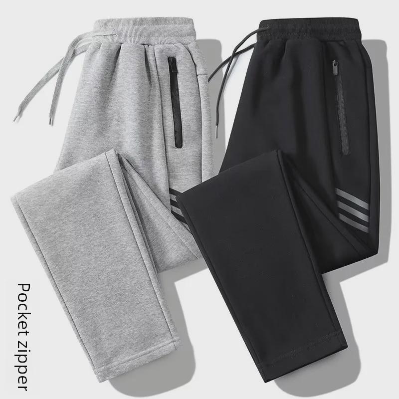 Мужские зимние спортивные брюки с бархатной подкладкой, свободный крой, прямые штанины, модные и большого размера