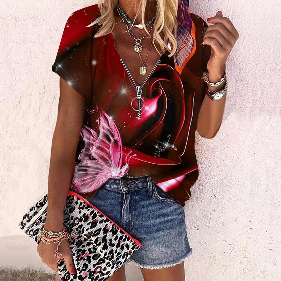 Женский топ, летний новый модный топ с гигантскими цветами и принтом розы, повседневный топ на молнии с v-образным вырезом и короткими рукавами