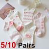 5/10 пар женских коротких носков с принтом в форме сердца, летние тонкие, впитывающие пот, дышащие, милые, стильные, розовые, повседневные носки