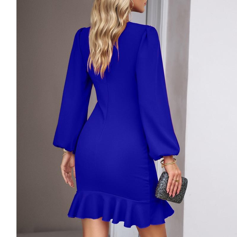 Women Bubble Sleeve Dress Solid Color Fishtail Party Dresses