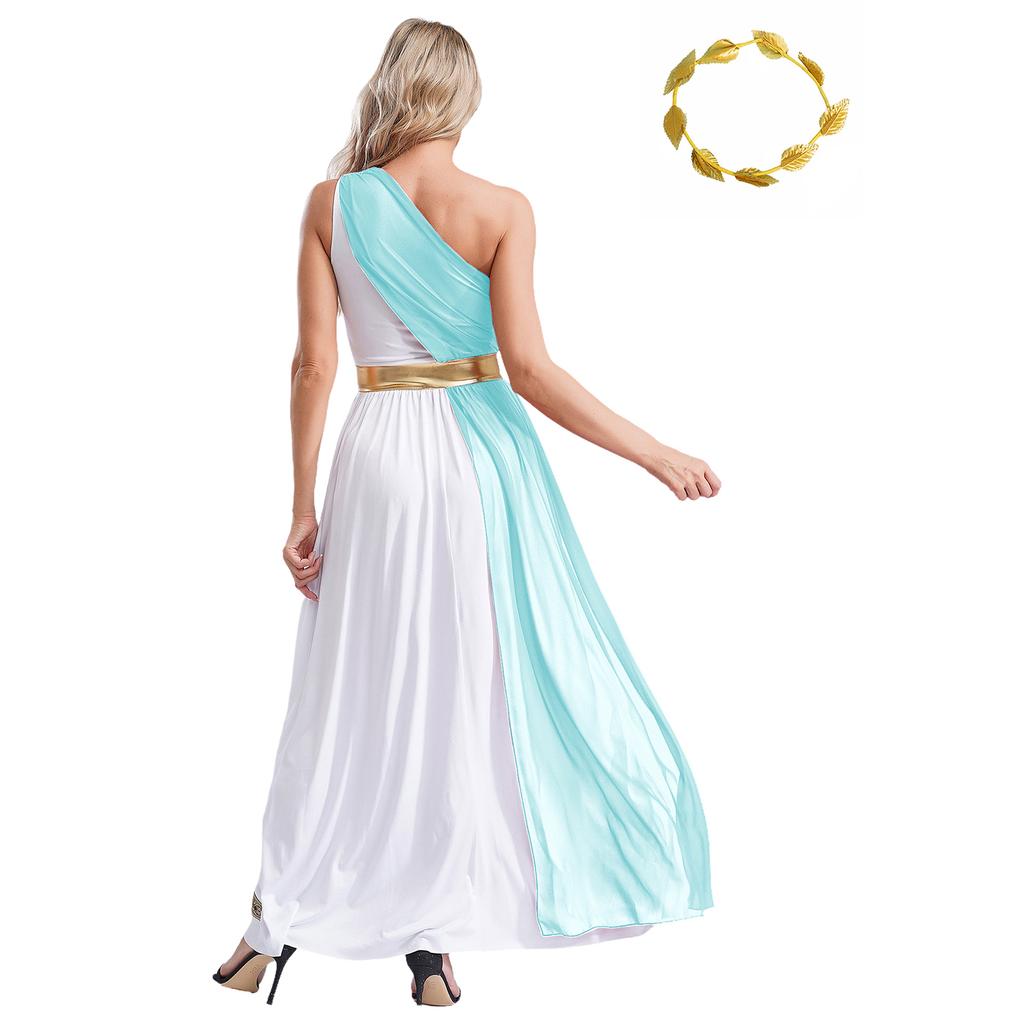 Womens Ancient Greek Dance Dress One Shoulder Chiffon Overlay Vintage Trim Tunic Dress Artificial Leaf Garland Headwear