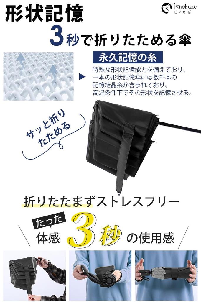 HINOKAZE Складной Автоматический Память Складывается в 3 8 Автоматических Сложений для Мужчин и Портативный Зонт, Открытие/Закрытие в Одно Касание, Мужской [Форма Зонта, Секунды]
