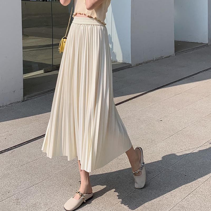 Весна и осень, новая модная женская плиссированная однотонная юбка с высокой талией, эластичная юбка средней длины, акция, женская черная, розовая