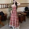 Красное клетчатое платье без рукавов, женское платье миди в стиле Харадзюку, милое летнее кружевное платье на тонких бретельках для женщин, ретро платье с высокой талией