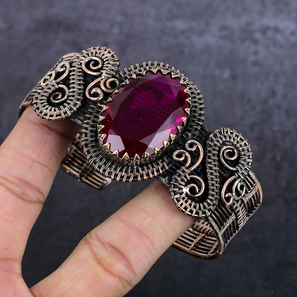 Pink Rubillite Handmade Copper Wire Wrap Cuff Bangle Adjustable R7J26