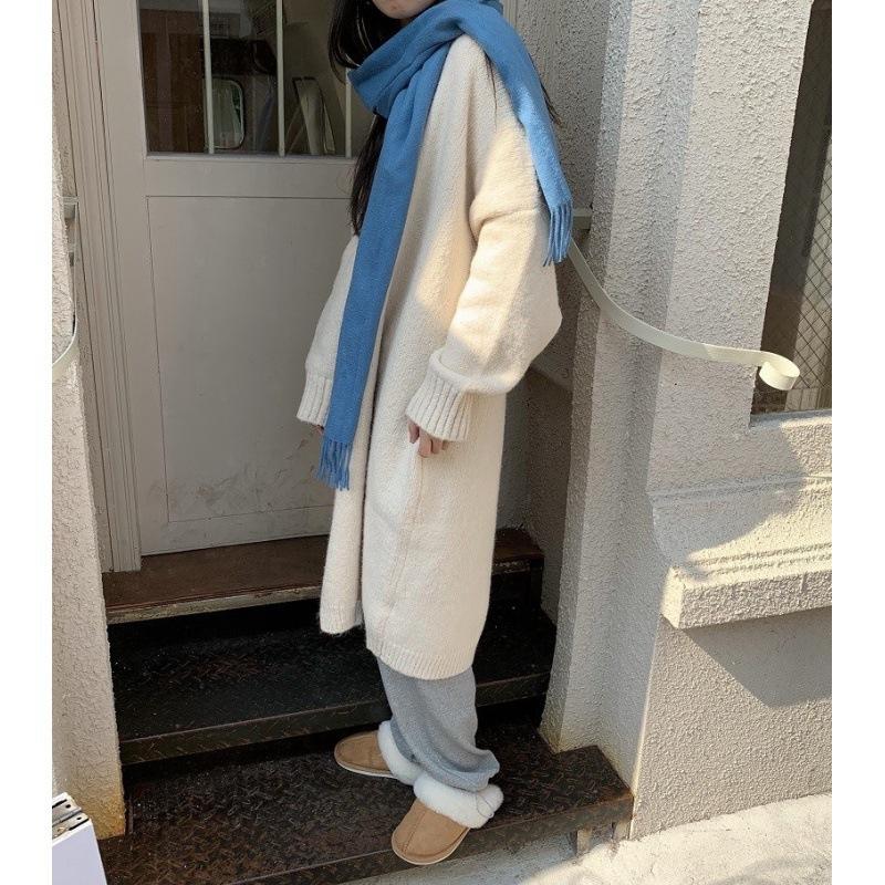 Осень-зима Новая мода V-образный вырез длинный рукав однотонный средней длины кардиган женская одежда свободные корейские трикотажные трендовые топы