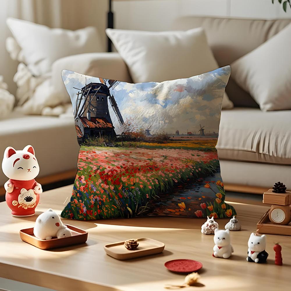 Dutch Windmills & Tulips Cushion Cover Anti-dustmite Pillowcase Invisible Zipper Silky Short Plush Sofa Cushion Cover