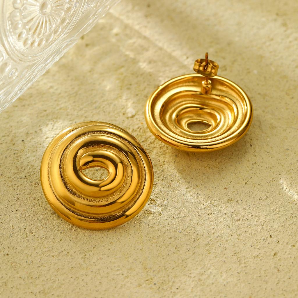 GEMCHIC Women's Hollow Spiral Thread Circle Stainless Steel Earrings Luxury Gold Studs