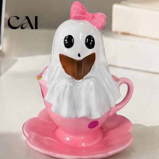 Halloween Tiered Tray Decorations Reading Ghost Figurine, Pink Teacup Statue, Resin Decorative for Shelf Sculpture Home Office Party,
